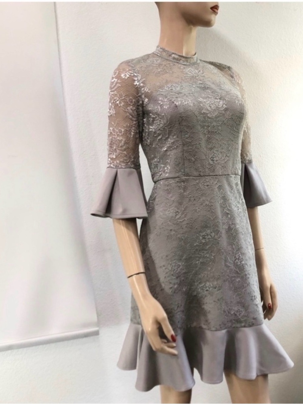 Chi Chi London Grey Lace Mini Dress with Fluted Sleeves